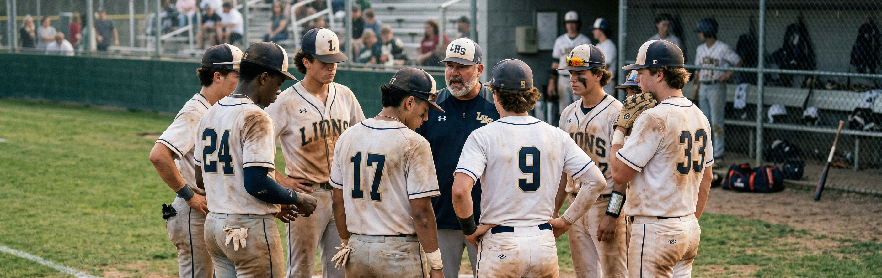 Coach huddling with players on the field