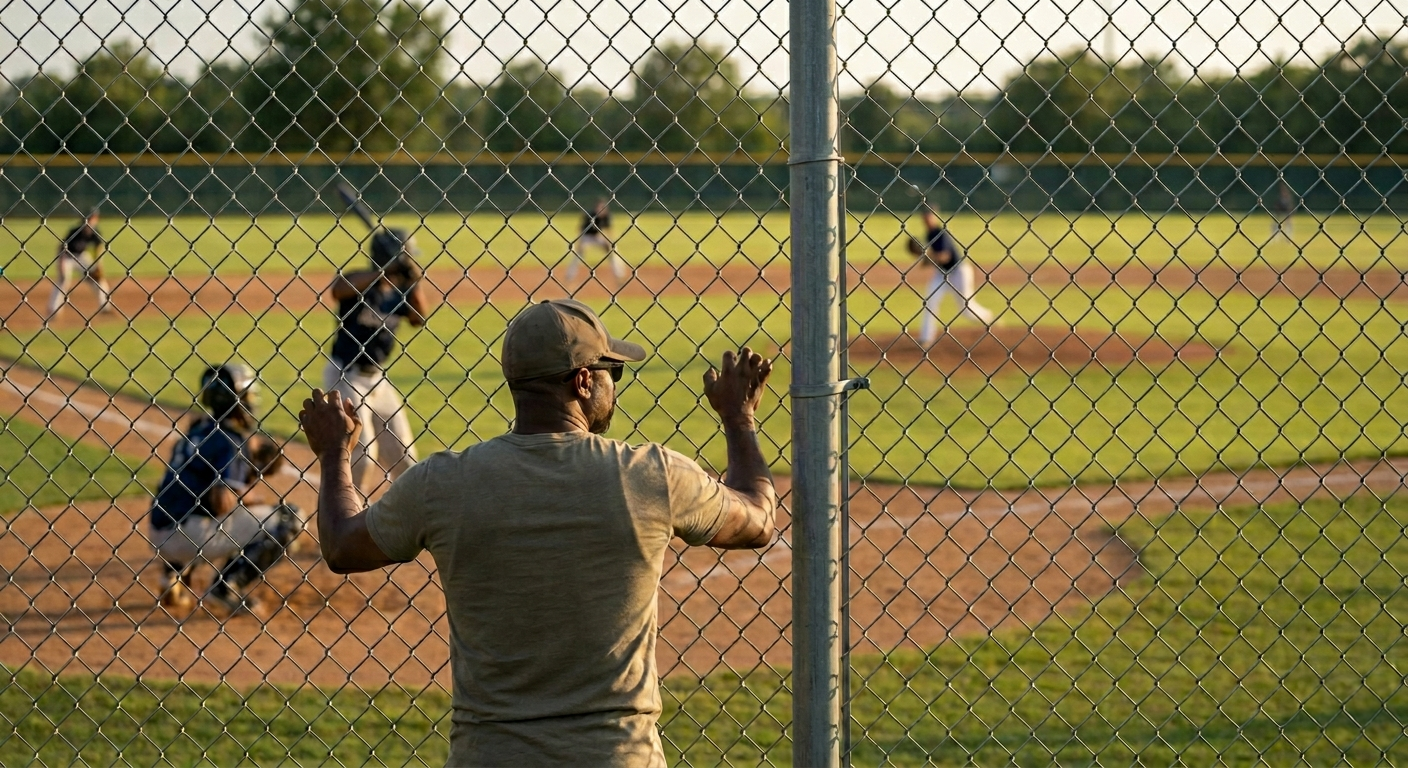 Parent watching from the fence at a baseball game